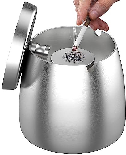 Aschenbecher mit Deckel(12 * 10 * 12cm), Edelstahl Aschenbecher für Draussen, Sturmaschenbecher als Windaschenbecher, Standaschenbecher mit Rutschfest Boden für Draußen und Innen - Silber