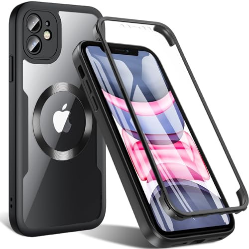 Hensinple iPhone 11 Hülle mit MagSafe, Magnetisch Handyhülle iPhone 11 mit Displayschutzfolie 360 Rundumschutz Stoßfest Militärstandard Outdoor Case Schutzhülle Schwarz