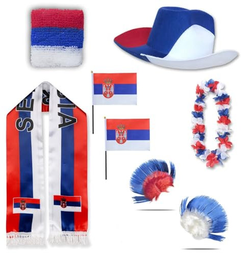Sonia Originelli Fanset Fanartikel Fanhut Blumenkette Fanschal Schweißband Fähnchen Perücke WM EM Farbe: Serbien Iro