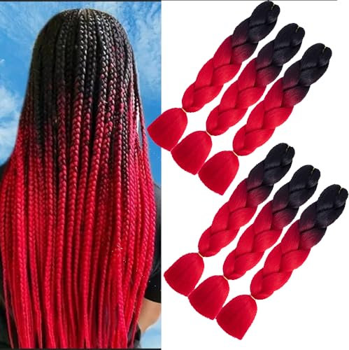 Kunsthaar zum einflechten Synthetisches Haar 100cm für Dutche Braids, Box Braids Fishtail Braid Weich, ohne Geruch leicht zu verarbeiten Langlebiges Kunsthaar für Frauen Mädchen (Schwarz-Rot)