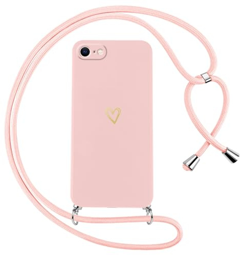 Oelrstfe Handyband für iPhone 8/iPhone SE 2020/iPhone 7/SE 2022 Hülle mit Band Herz Motiv Handyhülle für zum Umhängen Silikon Stoßfest Ultra Dünn Weich Schutzhülle mit Kordel Necklace Kette Case,Rosa
