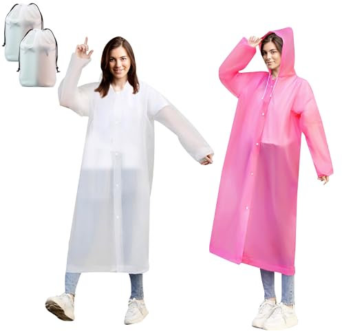 Domueay Poncho Antipioggia Impermeabile Donna, 2 Pezzi Riutilizzabile Mantella Antipioggia Adulto con Cappuccio Poncho Pioggia Leggero Lungo Mantella da Pioggia Traspirante Portatile, Bianco e Rosa