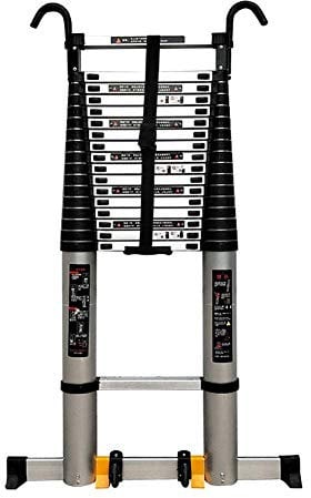 Scala telescopica in alluminio da 8 m, con gancio fisso e barra stabilizzatrice, portatile, pieghevole