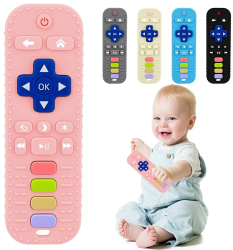 Silicone Teething Toy and Remote Control Sensory Teether for Infant Teething Relief - 3-6-12 Months Chew Toys for Newborn Girl Boy (Bright Pink)