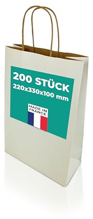 h-Green Papiertüten mit Henkel 220x330x100 mm (200 Stück), tragbare Papiertüten mit 7kg Tragfähigkeit, recycelbare Geschenktüten aus FSC® zertifiziertem Recycling-Kraftpapier, 90g/m², weiß