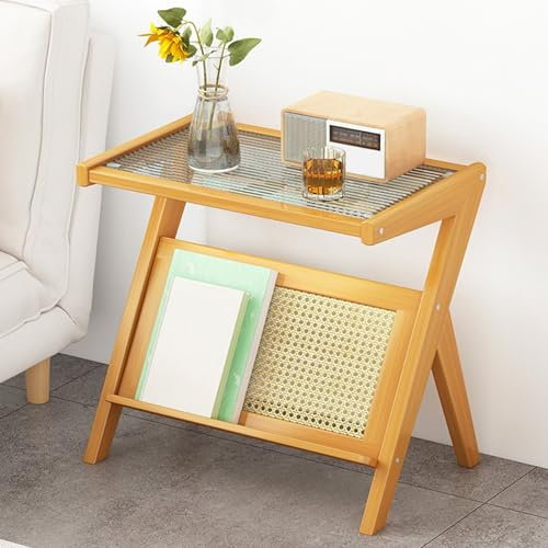 Mesa a la Altura de Mesa Auxiliar de bambú con Top de Vidrio y Rejilla de revistas, mesita de Noche en Forma de Z con Estante de revistas, Mesa de Noche de Mediados de Siglo