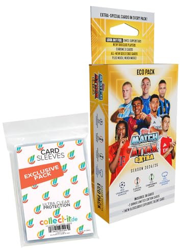 Bundle mit Match Attax Champions League 2024/25 EXTRA - Trading Cards - 1 Blister + Exklusive Collect-it Hüllen, 3 Booster + 2 zufällige Limitierte Karten und 1 Exklusive Limitierte Karte
