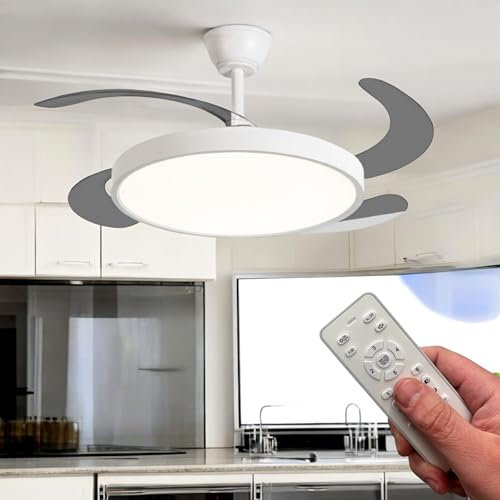 Lampadario LED con ventilatore da soffitto 40W, pale retrattili a scomparsa, 6 velocità, timer, telecomando incluso, luce dimmerabile con 3 tonalità (3000K-4000K-6500K) cucina stanza letto salone