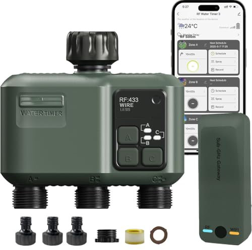 johgee Programador Riego WiFi 3 Salidas con tecnología RF 433 500M, riego temporizado Inteligente con App, Control por Voz Alexa, 6 horarios de riego, Temporizador de riego automático para jardín