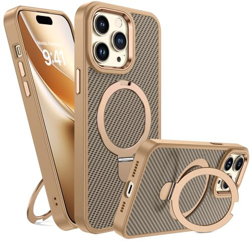 GUAGUA Magnetisch Handyhülle für iPhone 14 Pro Max Hülle [Kompatibel mit MagSafe] mit Ring Ständer Stoßfest Schutzhülle Carbon Fiber Muster Case für iPhone 14 Pro Max (6,7'') Titan Wüstensand