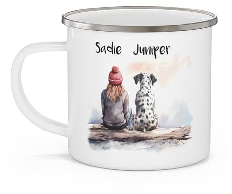 Engravables Personalised 12oz Enamel Dog Mum Mug, Custom Woman and Dog Name Camping Cup with Breed Design and Back Message, Gift for Dog Lover