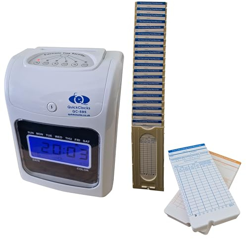 QuickClocks QC595 CALCULATING Clocking In Machine Starter Pack including 100 Cards and a 20 position Card Rack up to 50 employees ideal clocking in machine with calculation for small business