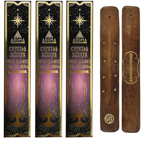 Aromasenses | 3er-Pack Rosenquarz-Weihrauch + 1 Räucherstäbchenhalter Aromasenses | Esoterische Heilsteine 3 × 20 g = 60 g Weihrauch + 1 Schachtel mit Rosenquarz-Steinen | Energie | Reinigung