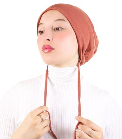 Hijab-Mütze aus Baumwolljersey und Satin-Innenseite, um das Haar von muslimischen Frauen zu halten, Ziegelrot, One size