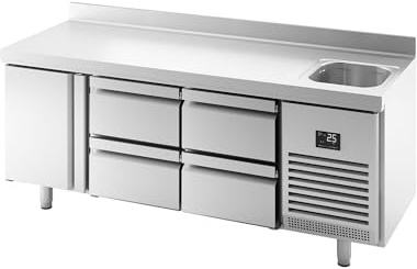 GGM Gastro | KTBI207T1S1212 | Kühltisch Premium PLUS - 1960x700mm - mit 1 Becken, 1 Tür, 4 Schubladen & Aufkantung