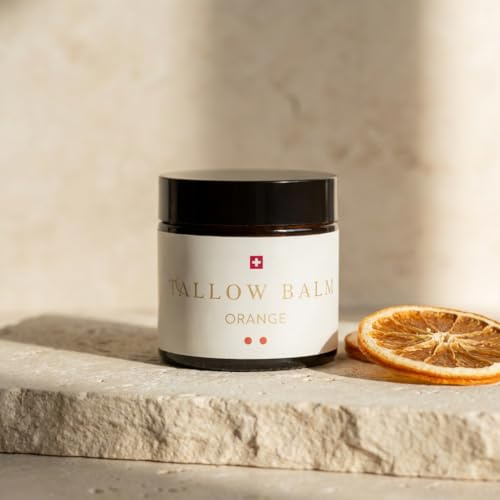 Swiss Tallow Balm Orange – Rindertalg Creme mit Orangenöl für Gesicht & Körper | Beef Tallow Feuchtigkeitscreme bei trockener Haut | Naturkosmetik ohne Chemie, grasgefüttert, Swiss Made | 60 ml