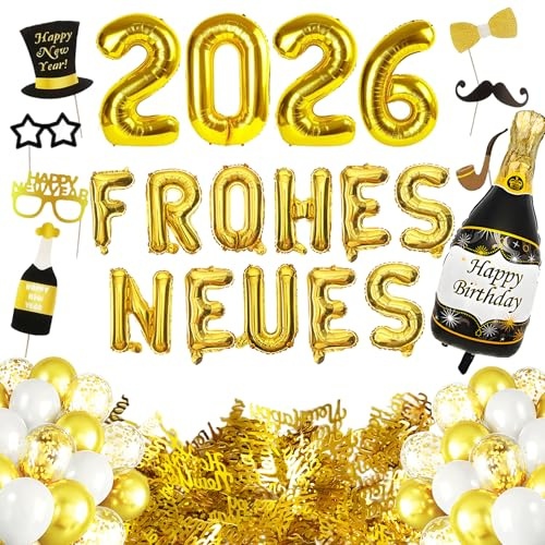 Silvester Deko 2026,Neujahr Silvesterdeko,Neujahr Deko 2026 Set,Neujahrsdeko mit Ballon,Schwarz Gold Neujahr Deko 2026 Happy New Year Banner,Foto Requisite Party Dekoration Set für Silvesterparty
