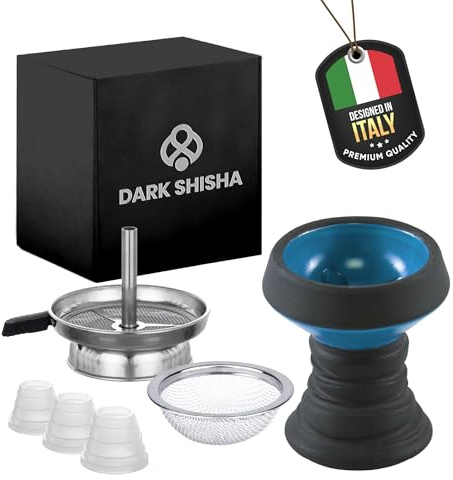 Set Tête Chicha Bleu Dark Shisha avec Cheminée, Panier à Tabac et 3 Joints | Foyer en Pierre pour Narguilé | Combustion Homogène, Design Universel