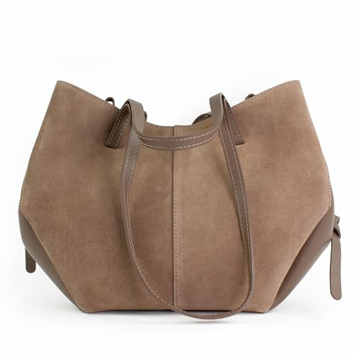 lePelou Wildleder Handtasche, Velours Umhängetasche mit verstellbarem Schultergurt, Schultertasche trapezförmig Leder & Wildleder mix