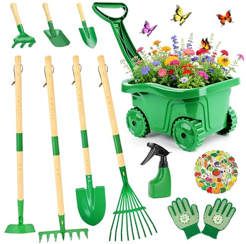 IEEILULU Brouette Enfant, Outils Jardinage Enfant avec Pelle Bêche Râteau Gants Tablier Arrosoir, Set Jardinage pour Garçons et Filles 3 4 5 6+ Ans, Jouet Jeux Exterieur Enfants (Vert)
