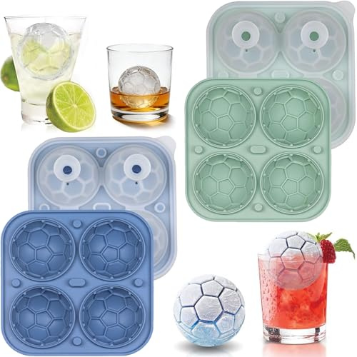 Fußball Eiswürfelform mit Deckel 2 Stück, Silikon Eiswürfelform Groß Fußball Eiswürfelbehälter mit Deckel, Eiswürfel Form Kugel für Whisky, Bier, Cocktails(Blau+Grün)