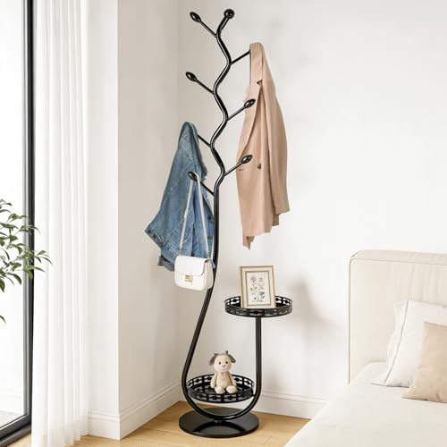 IRONDELIC Baumförmiger Garderobenständer, Kleiderständer Stabil mit 2 Ablagen und 8 Haken, Jackenständer aus Metall, für Flur, Eingang, Schlafzimmer, Wohnzimmer, 29 × 29 × 165cm, Schwarz