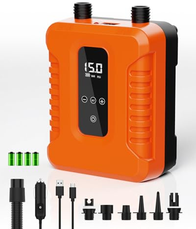 Electric Rechargeable SUP Pump with Auto-Stop, Electric Air Pump with LED Display – Suitable for Camping, Travel, Lakes, and the Beach,Orange
