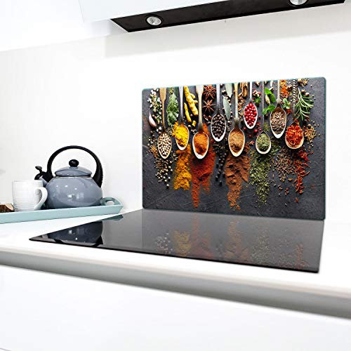 QTA - Copri piano cottura 80 x 52 cm copertura per piano cottura in vetroceramica 1 pezzo universale a induzione per piastre di cottura paraspruzzi tagliere in vetro temprato come decorazione Spezie