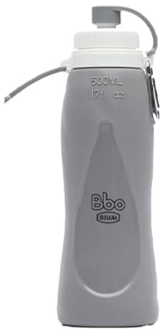 Irisana - Botella de Agua - 500 ml - Gris - Plegable - 11 x 6 x 10,5 cm - De Silicona y con Mosquetón - Ideal Camping, Gimnasio y Colegio - Modelo Bbo