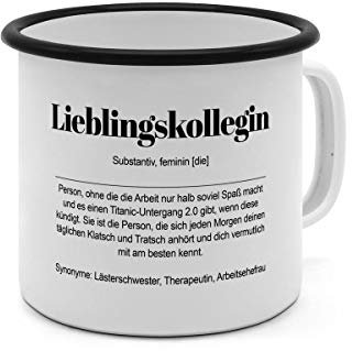Emaille-Tasse mit Definition Lieblingskollegin - Tasse mit Spruch, Wörterbuchtasse, Geschenktasse, witzig, Kaffeebecher, Becher, Tasse, Becher - Farbe Weiß/Schwarz