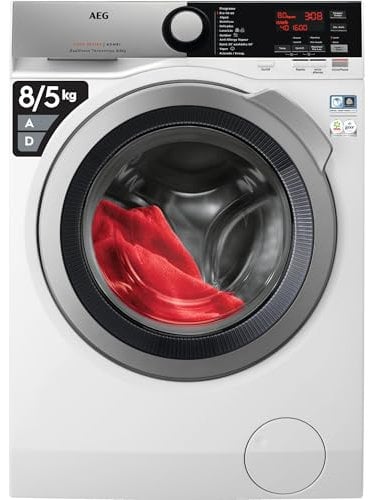 AEG L7WEE852 Lavasecadora de Libre Instalación, Carga Frontal, Lava 8 Kg, Seca 5 Kg, 1600 rpm, Motor Inverter, Programa Rápido, Nonstop 60 min, Panel LCD, Puerta XL Plateada, Blanca, Clase E