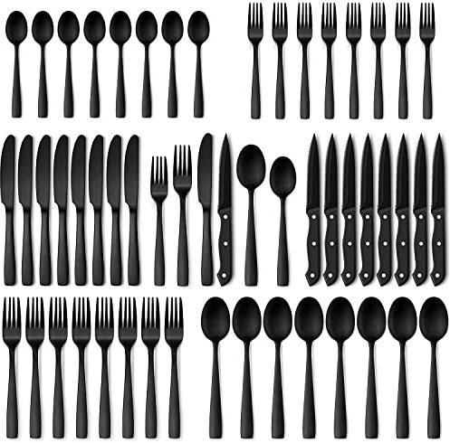 Hiware Juego de cubiertos negro mate de 48 piezas con cuchillos de carne, juego de cubiertos negros para 8, juego de cubiertos de acero inoxidable, juegos de utensilios para cocina