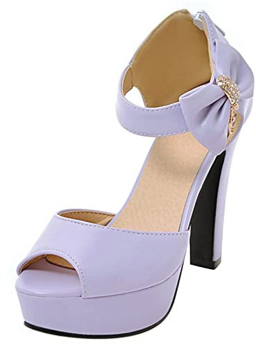 MJIASIAWA Femmes Bridal Talons Hauts Bride Cheville Peep Toe Sandales Avec Bows Fermeture Éclair Bloc Mariage Robe Soirée Chaussures Violet Taille 34 Eu