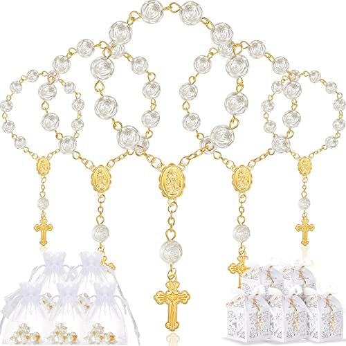 Otuuz 50 Stück Taufe Präsente Set Enthält Elfenbeinfarbe Acryl Perlen Rosenkranz Kunstperlen Weiß Organzabeutel mit Kordelzug Kreuz Präsent Boxen mit Bändern für Hochzeit Zubehör (Gold Armband)