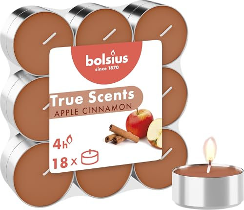 Bolsius True Scents – 18 Teelichter – Apfel Zimt – Brenndauer: 4 Stunden – Innendekoration – natürliche Extrakte – mit natürlichem veganem Wachs
