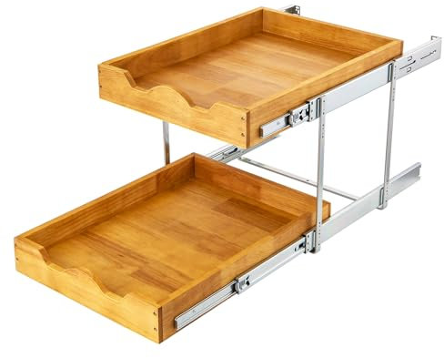 DINDON Ausziehbarer Schrank-Organizer mit 2 Ebenen (43,2 cm B x 53,3 cm T), Holz und Metall, doppelstöckig, ausziehbare Holzschublade, Unterschrank, Aufbewahrung und Organisation