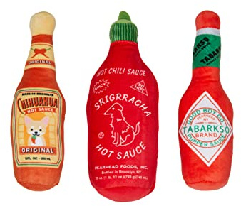 Pearhead Hot Pupper Sauce Hundespielzeug, 3er Set, Hot Sauce Spielzeug Set für Hunde, Must Have Spielzeug für Haustierbesitzer, Plüsch Kauspielzeug Set 3