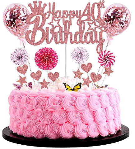 Jrzyhi Happy 40. Geburtstag Tortendeko - Rosegold Kuchen Topper für Frau und Mann - Glitter für 40. Geburtstag