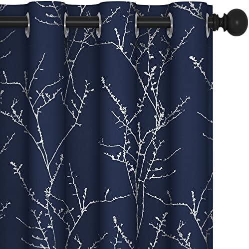 Deconovo Thermal Eyelet Door Curtains 84 Inch Drop Curtains, Silver Tree Branches Printed Curtains for Bedroom, Navy Blue, 52 x 84 Inch (W x L), 2 Panels