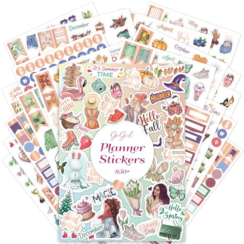GoGirl Planner Stickers, 850+ Small Aesthetic Calendar & Holiday Book | 19 sheets, Functional mini stickers for 1 year, work, wellness, bullet, fitness, tiny agenda & monthly journal accessories