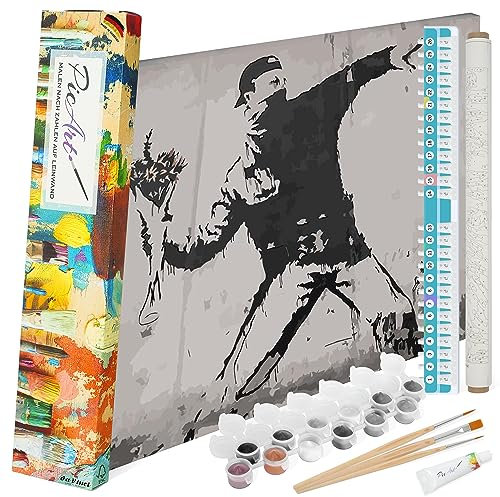 PicArt Malen nach Zahlen Set - Banksy Blumenwurf 40cm x 50cm Leinwand – mit Acrylfarben & da Vinci Pinsel – Made in Germany, mit Rahmen