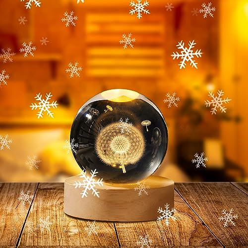 Weihnachtsdeko Kristall Weihnachtskugeln Mit LED Kristallkugel Mit Holz Deko Figuren, Schneemann Beleuchtet Personalisiertes Geschenk Für Weihnachten Deko, Frauen, Kinder, Geburtstag (Pusteblume,8cm)