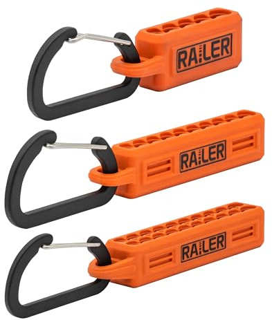 Railer Screwdriver Bit Holder Storage Organizer - 3 Pack – 5-Hole, 10- Hole and 20-Hole Bit Holder with Carabiner | Fits 35 total standard 1/4 hex shank driver bits. Flexible heavy-duty storage organizers include locking belt carabiners.