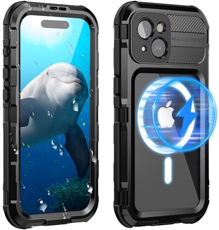 WIFORT für iPhone 15 Wasserdicht Outdoor Hülle für MagSafe, Metall Stoßfest Panzerhülle Militär 360 Grad Schutzhülle mit Displayschutz,Robust Heavy Duty Handyhülle iPhone 15 Case, Schwarz