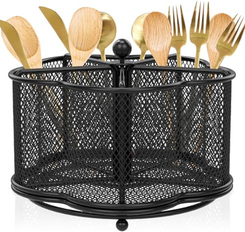 MENIBBLER 360° Rotating Utensil Holder, Kitchen Utensil Holder, Large Metal Utensil Organizer 5-Compartment Metal Utensil Caddy Rotatable Cutlery Holder for Kitchen Dining Tables 7.2 x 5.1inch