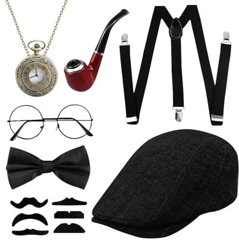 SPHERETRON 20er jahre Herren Accessoires, 12 Stück Mafia Herren Accessoires,Gatsby Herren Accessoires,Panamahut Taschenuhr Hosenträger Fliege Bärte Brille für Fasching Karneval(Schwarz)