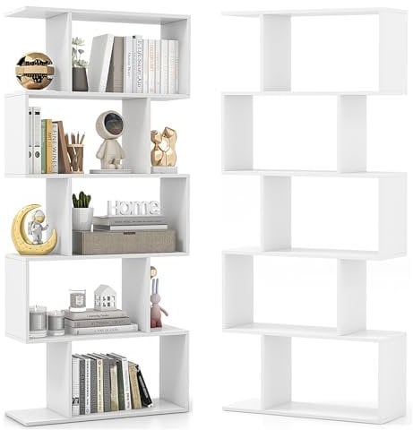 HOMASIS Libreria a Forma di S, Scaffale di Stoccaggio con 5 Livelli, Libreria Scaffale da Terra in Legno, Scaffale Divisorio Verticale per Soggiorno, Camera da Letto, Ufficio, 70x23,5x158cm (Bianco)