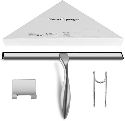 peafowl Shower Squeegee Stainless Steel Bath Squeegee for Shower Glass Doors Bathroom Windows Kitchen Mirror and Car Glass with Hooks Holder (10 inch, Brushed Silver)