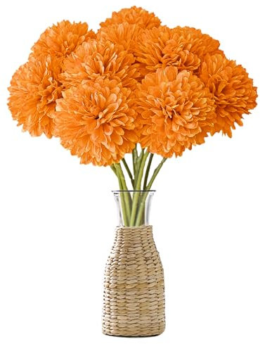 Fiori di Ortensia Artificiale, 12 Pezzi di Fiori di Palla di crisantemo di Seta, Bouquet Di Ortensia Finte, Ortensie Artificiali con steli, per Bouquet di Nozze, Casa, Giardino, Ufficio (Arancia)