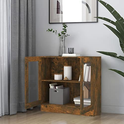 Homgoday Vitrina de Cristal con 2 Compartimentos 2 Puertas, Vitrina Salón, Mueble de Salón, Aparador Comedor, Aparador Cocina Vitrina de Madera ingeniería Roble Ahumado 82,5x30,5x80 cm